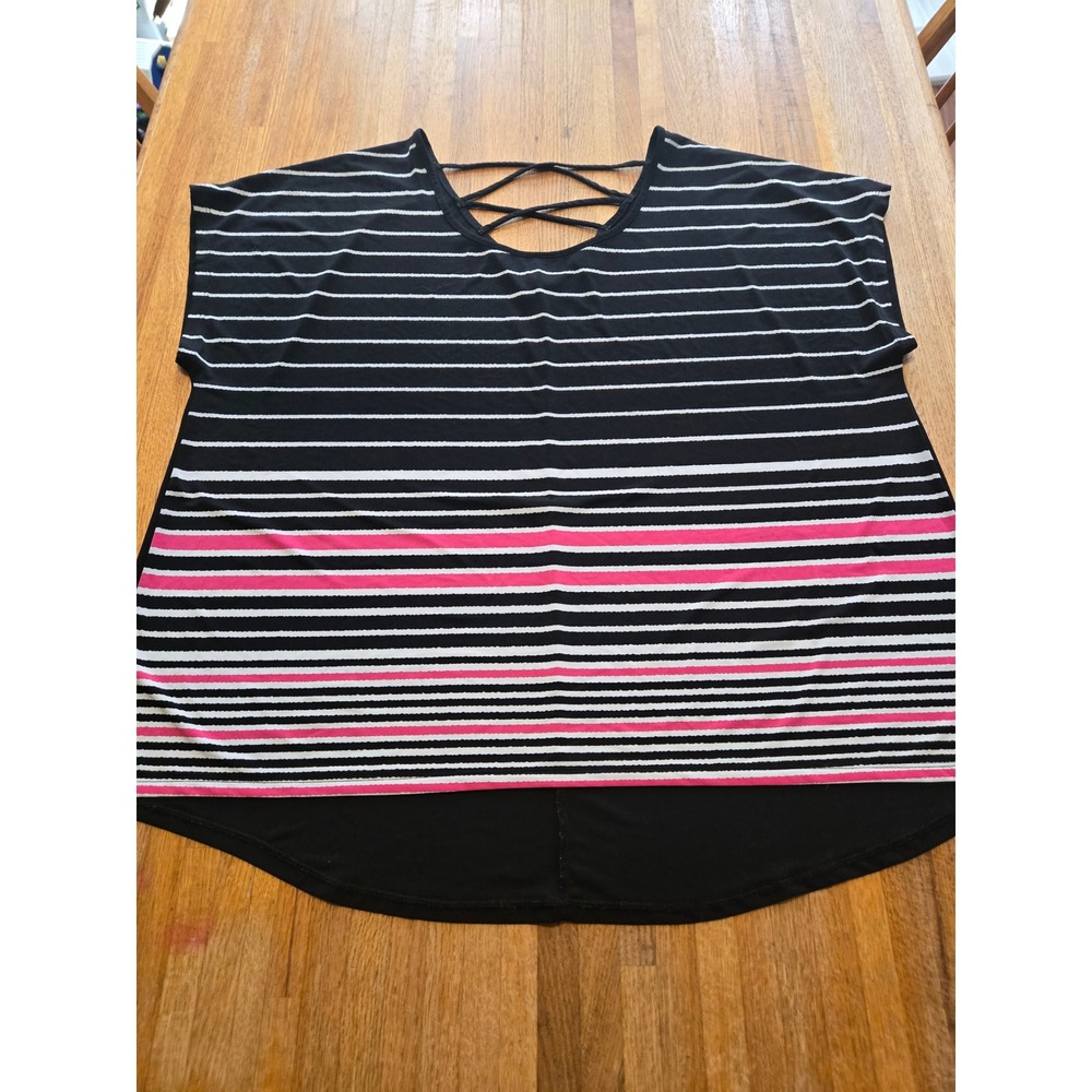 CATO Women Plus Size 22/24W Black White Pink‎ Stripe Lattice Short Sleeve Top
